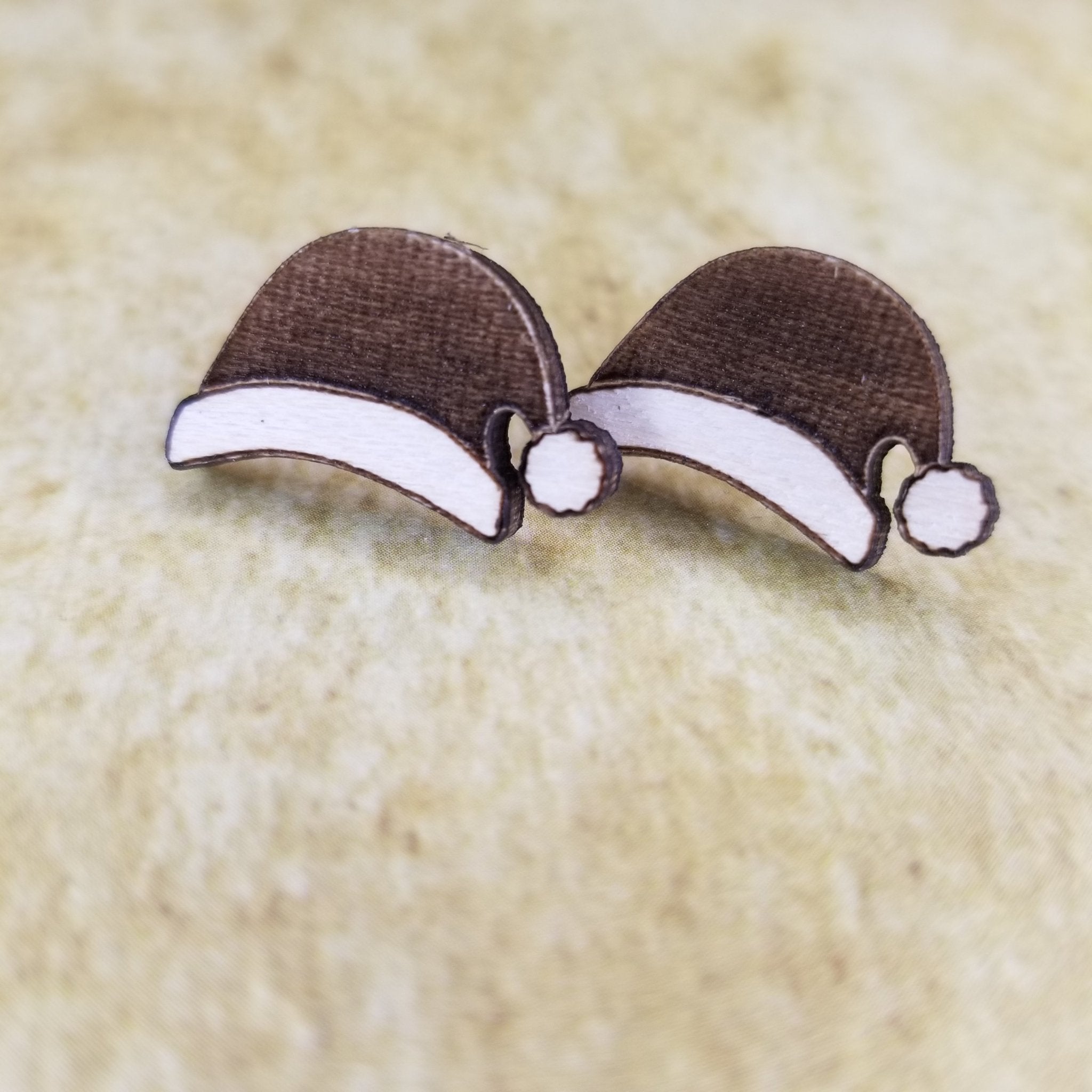 Christmas Santa Claus Stocking Cap Maple Wood Stud Earrings - Designodeal