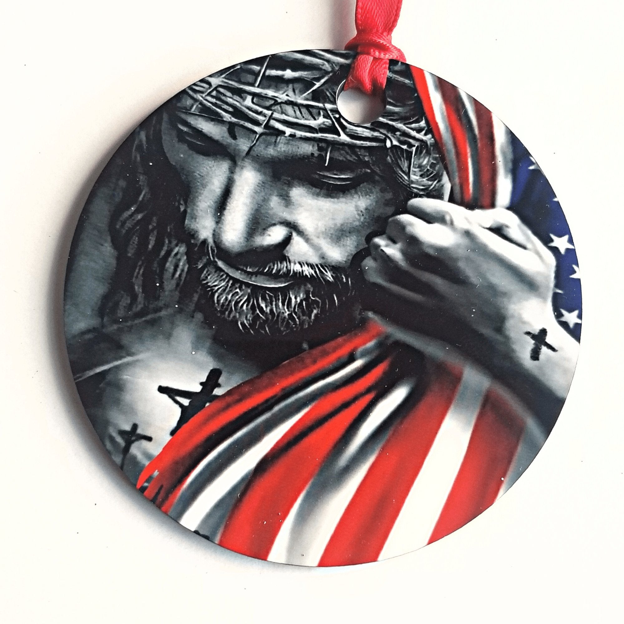 Jesus Christ with American Flag Christmas Ornament - Designodeal