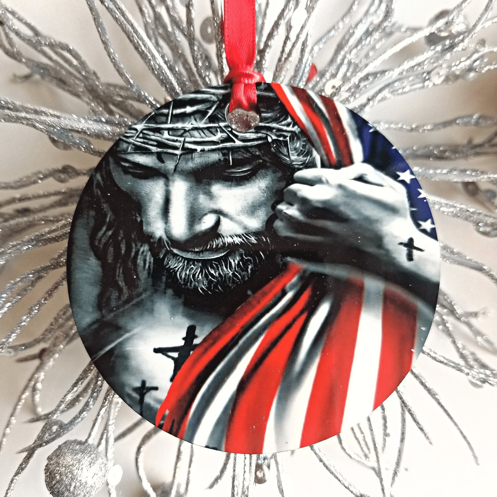 Jesus Christ with American Flag Christmas Ornament - Designodeal