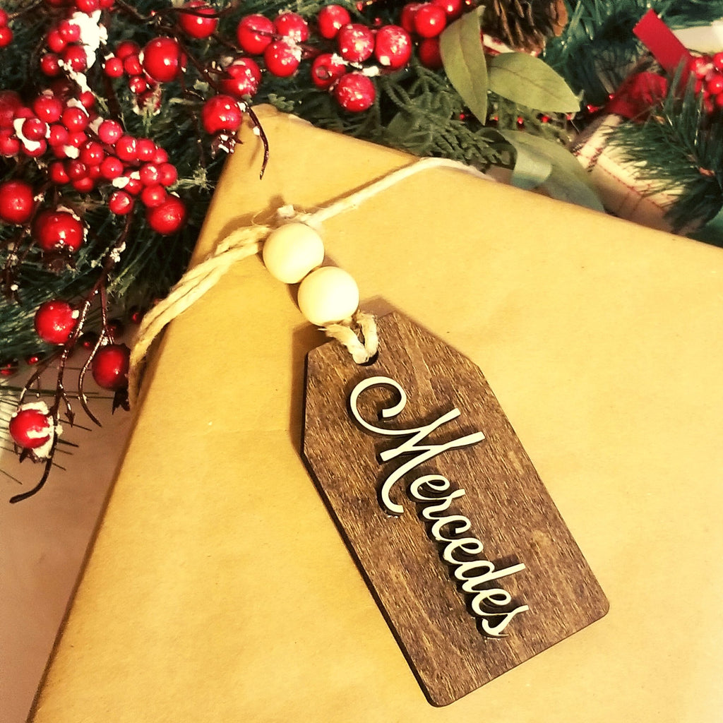 Personalized Walnut Engraved Holiday Gift Stocking Tags / Scarlett