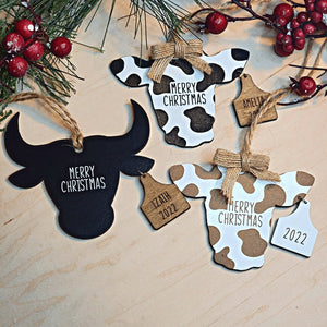 Personalized Merry Christmas Cow and Bull with Ear Tags Christmas Ornament - Designodeal