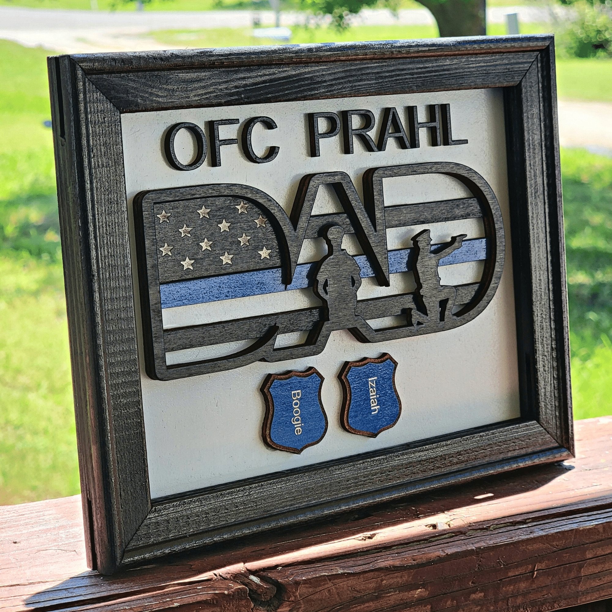 Police Officer Dad Blue Line American Flag Shadow Box Sign - Designodeal